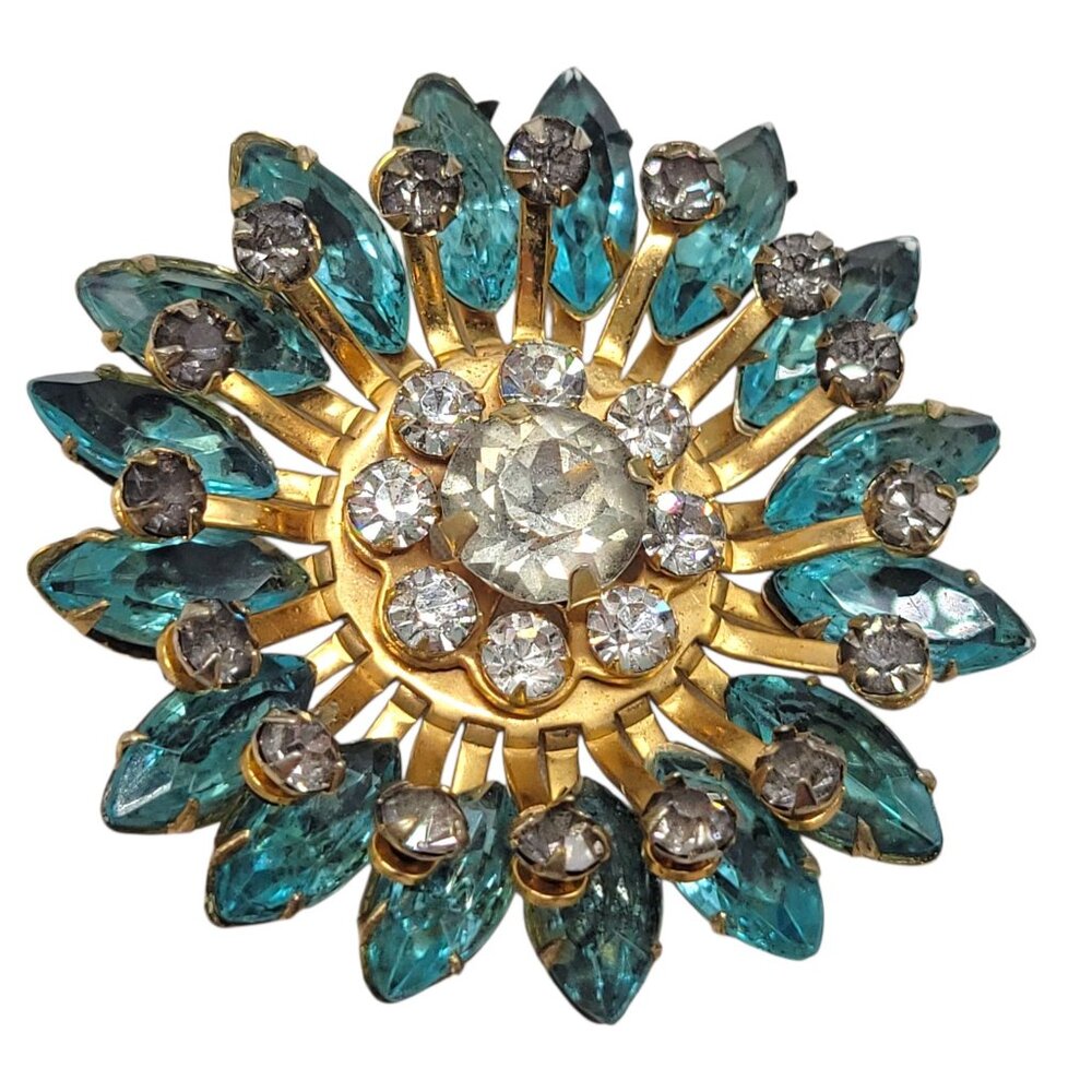 Vtg Floral Starburst Teal and Clear Rhinestone Brooch Pin Gold Tone Statement